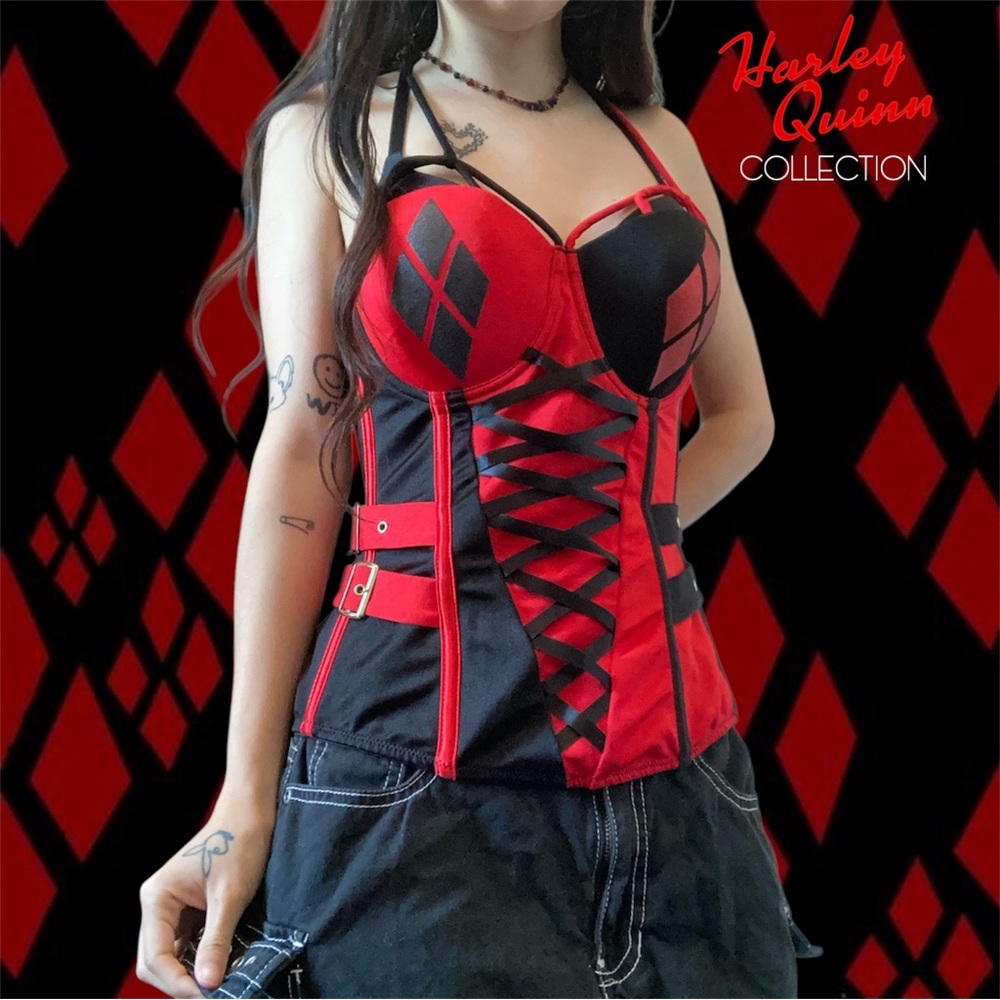 Gothic DC Harley Quinn Red and Black Corset Top